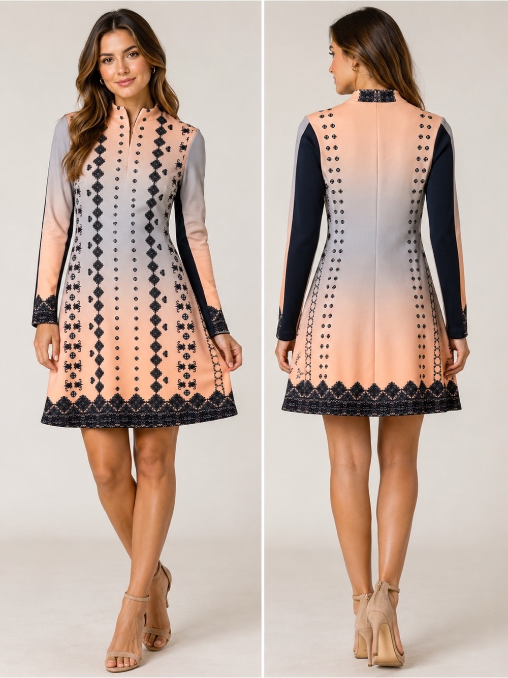 Clover Canyon Ombre Printed Long Sleeve Mock Neck Scuba Dress XS Made in USA